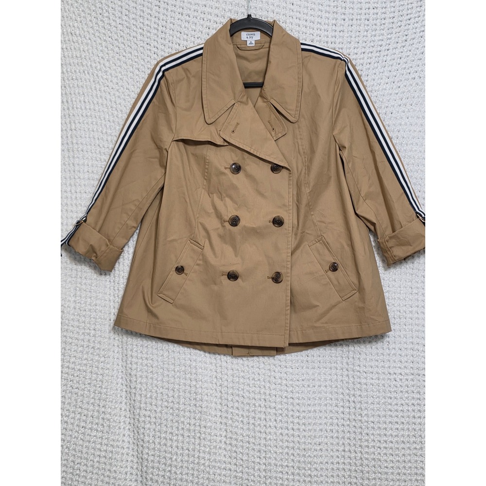 Crown & Ivy Women's Tan Double Breasted Trench Coat With Sporty Stripe Size M